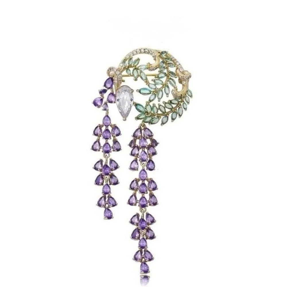 Moonlit Wisteria Purple Crystal Brooch Cascading Vine Pin 3in Elegant‎ Floral
